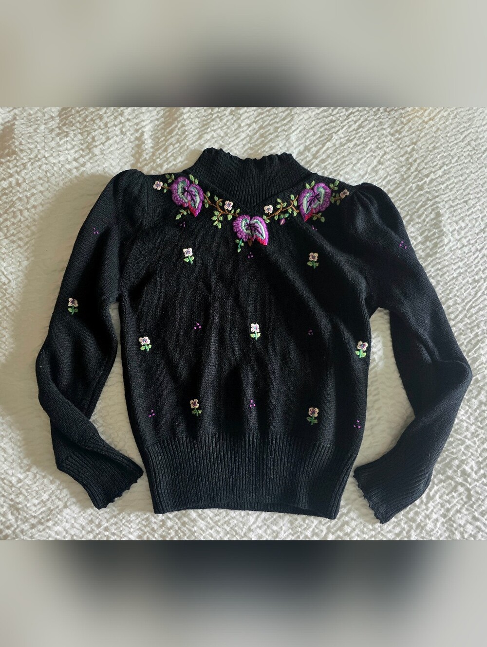 Herman Geist Hand Embroidered Vintage Black Floral  Women's Sweater Small Linen
